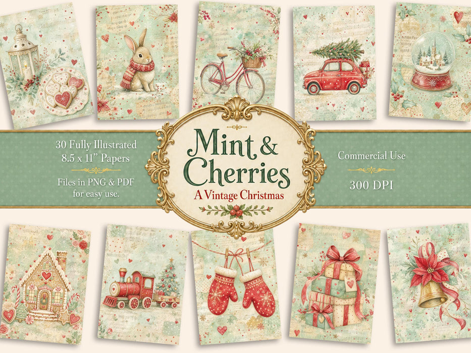 Mint Christmas Digital Paper 30 Whimsical Vintage Collage Sheets Junk Journal Printable