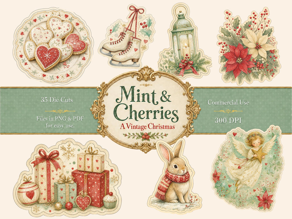 Christmas Die Cuts 35 Mint Whimsical Vintage Clipart Junk Journal Printable Stickers