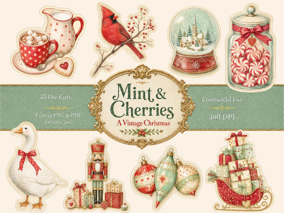 Christmas Die Cuts 35 Mint Whimsical Vintage Clipart Junk Journal Printable Stickers