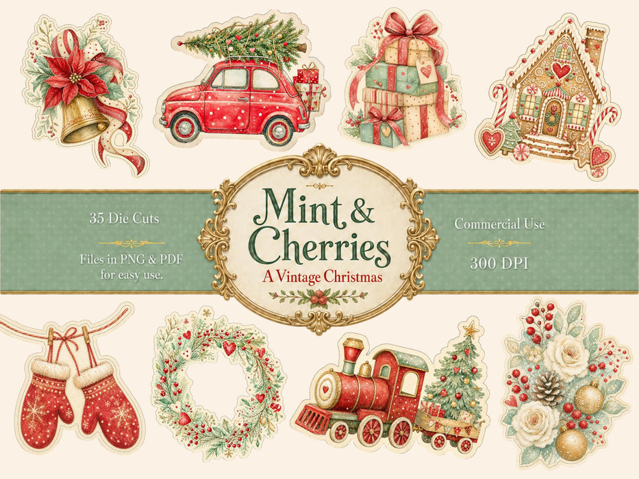 Christmas Die Cuts 35 Mint Whimsical Vintage Clipart Junk Journal Printable Stickers