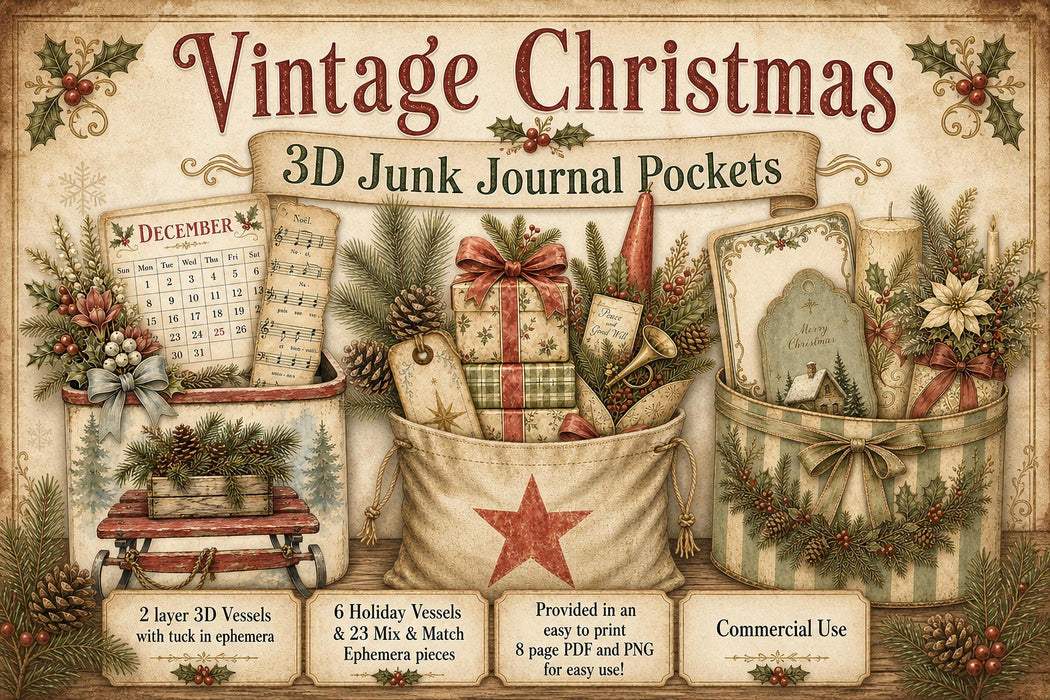 Vintage Christmas 3D Junk Journal illusion Pockets | Printable Die Cut Ephemera (Digital Download)