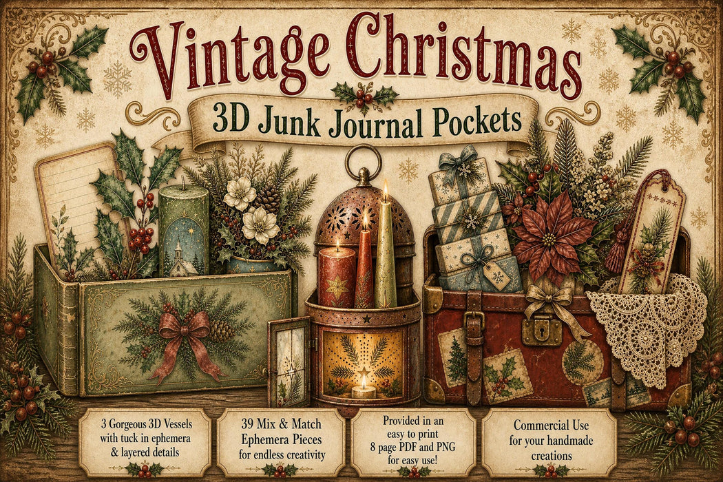 Vintage Christmas 3D Junk Journal illusion Pockets | Printable Die Cut Ephemera (Digital Download)