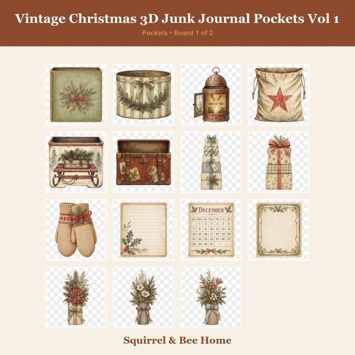 Vintage Christmas 3D Junk Journal illusion Pockets | Printable Die Cut Ephemera (Digital Download)