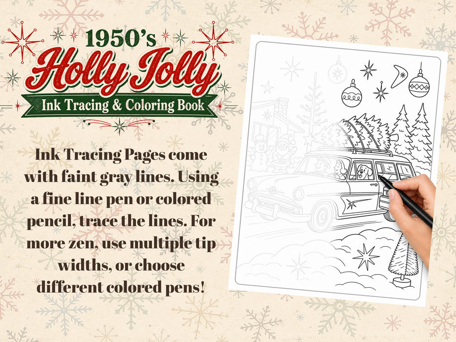 1950s Holly Jolly Ink Tracing and Coloring Printable Set, Retro Christmas Book, Mid Century