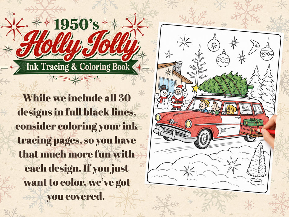 1950s Holly Jolly Ink Tracing and Coloring Printable Set, Retro Christmas Book, Mid Century