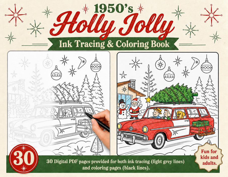 1950s Holly Jolly Ink Tracing and Coloring Printable Set, Retro Christmas Book, Mid Century
